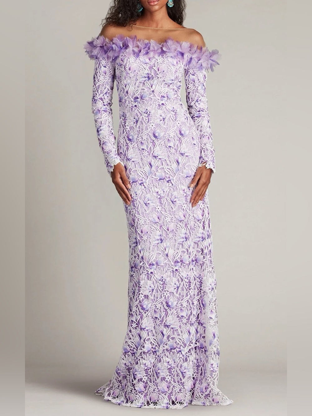 Tadashi Shoij Liora Embroidered Lace Gown ColorWhite/Purple Haze NWT